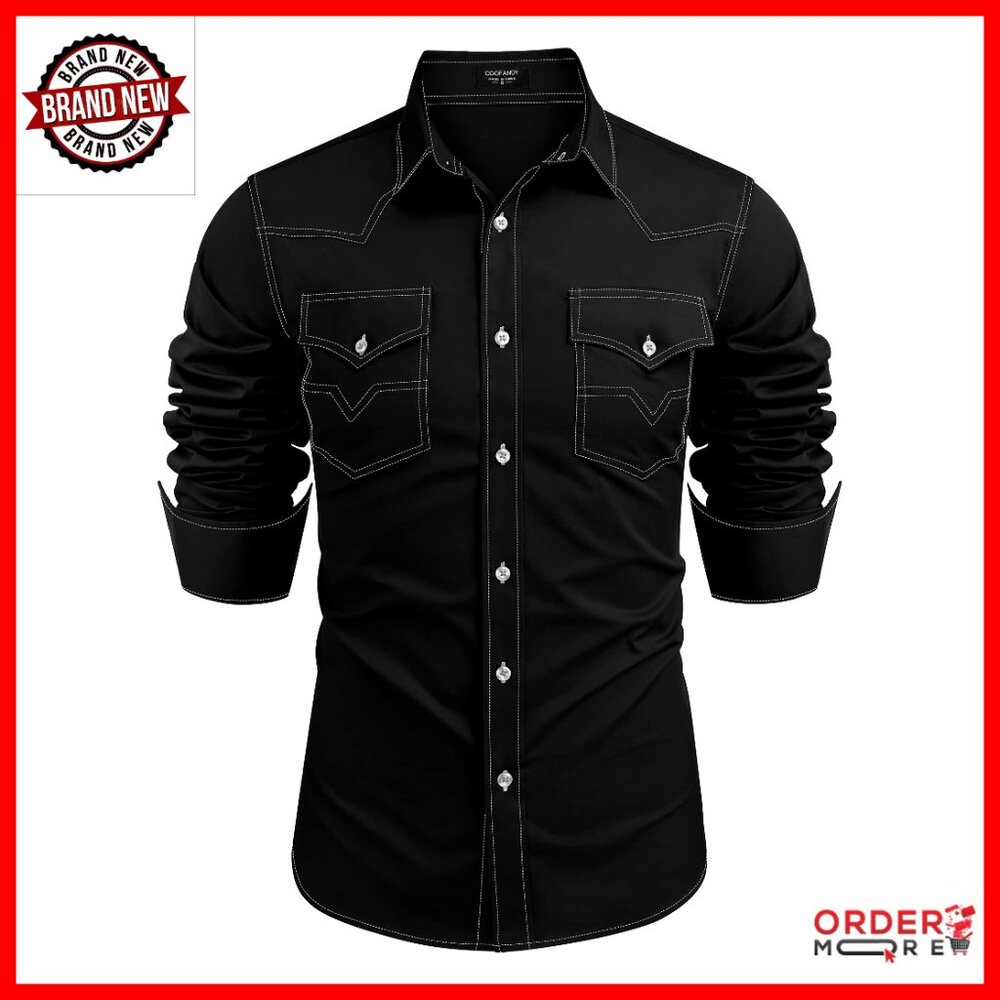 Men's Western Cowboy Shirt Long Sleeve Cotton Button Down Work Shirt